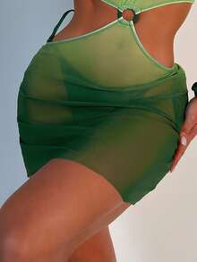 實心三角形夏季沙灘比基尼套裝，附遮陽衣 - 綠色 - 查看 3