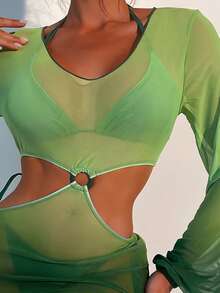 實心三角形夏季沙灘比基尼套裝，附遮陽衣 - 綠色 - 查看 4