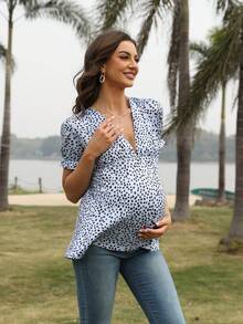 Maternity Dalmatian Print Puff Sleeve Tee - Violet Purple - View 4