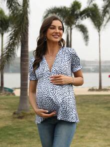 Maternity Dalmatian Print Puff Sleeve Tee - Violet Purple - View 5