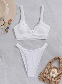 Bañador bikini liso corte alto - Blanco - Ver 4