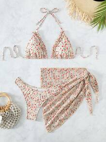 SHEIN Bộ bikini đi biển mùa hè có dây hoa Ditsy với váy đi biển - Nhiều màu - Xem 2