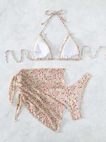 SHEIN Bộ bikini đi biển mùa hè có dây hoa Ditsy với váy đi biển - Nhiều màu - Xem 4