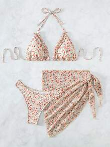 SHEIN Bộ bikini đi biển mùa hè có dây hoa Ditsy với váy đi biển - Nhiều màu - Xem 5