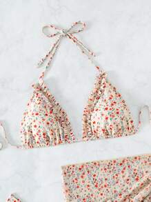 SHEIN Bộ bikini đi biển mùa hè có dây hoa Ditsy với váy đi biển - Nhiều màu - Xem 6