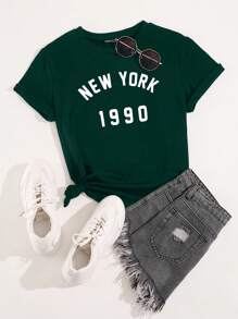 SHEIN Unity Camiseta con gráfico de letra, camisetas gráficas para mujer - Verde Oscuro - Ver 1