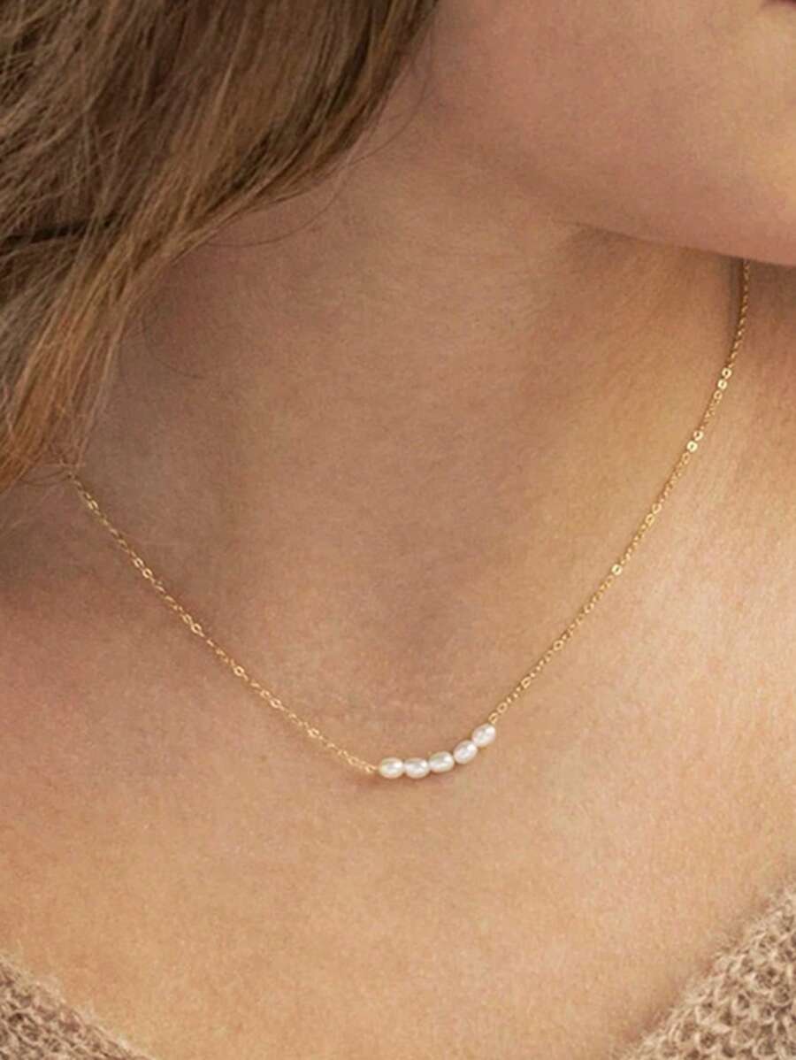 人造珍珠裝飾項鍊 - 金黃色 - 查看 1
