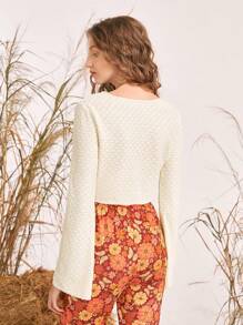 SHEIN MOD 纯色系带前 V 领喇叭袖短款上衣 - 米色 - 查看 5