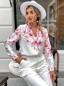 SHEIN Privé Áo sơ mi nữ Nút phía trước Hoa Thanh lịch - trắng - Xem 2
