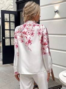 SHEIN Privé Áo sơ mi nữ Nút phía trước Hoa Thanh lịch - trắng - Xem 3