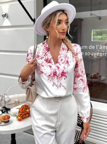 SHEIN Privé Áo sơ mi nữ Nút phía trước Hoa Thanh lịch - trắng - Xem 4