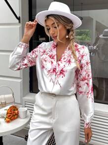 SHEIN Privé Áo sơ mi nữ Nút phía trước Hoa Thanh lịch - trắng - Xem 6