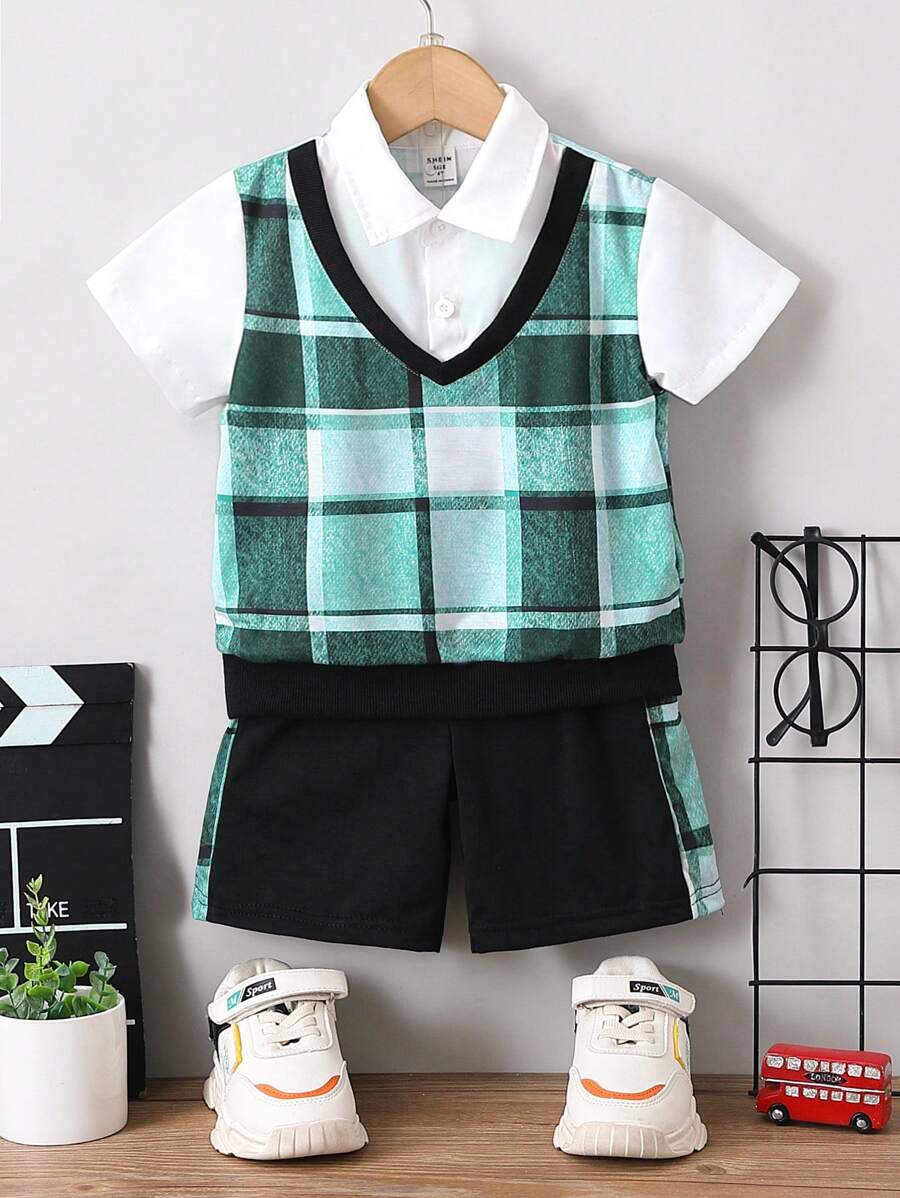 小男童格紋印花假两件POLO衫和短褲