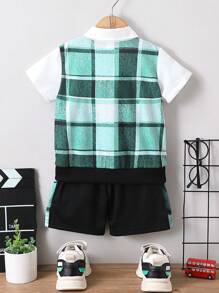 小男童格紋印花假两件POLO衫和短褲