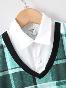 小男童格紋印花假两件POLO衫和短褲