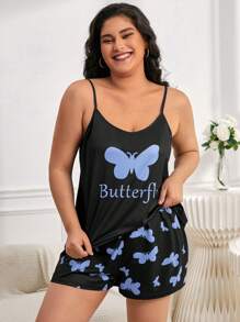 Conjunto de pijama con estampado de mariposa y letra - Negro - Ver 3