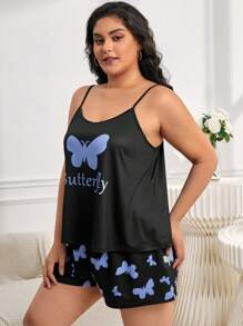 Conjunto de pijama con estampado de mariposa y letra - Negro - Ver 4