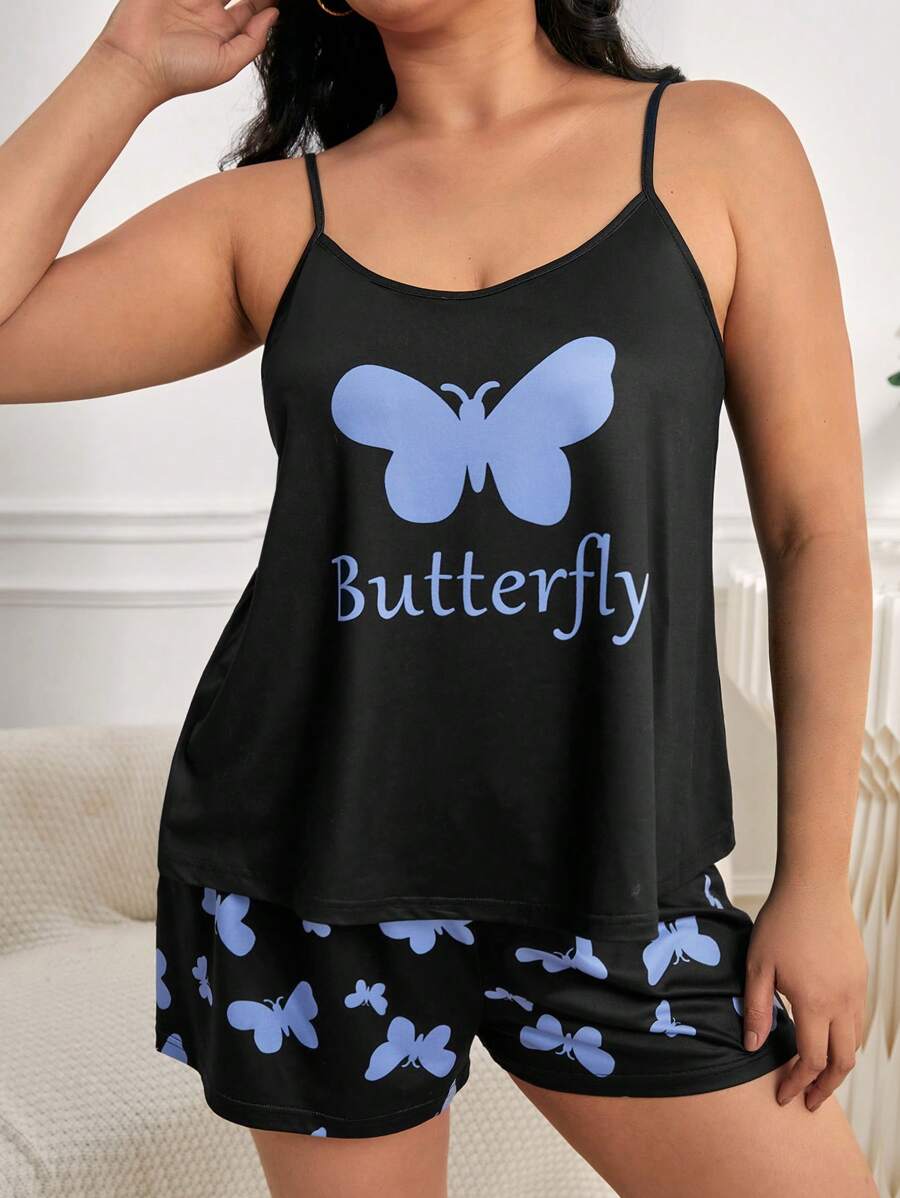 Conjunto de pijama con estampado de mariposa y letra - Negro - Ver 1