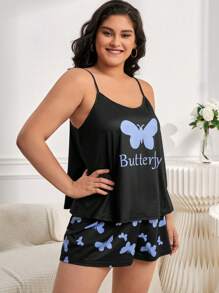 Conjunto de pijama con estampado de mariposa y letra - Negro - Ver 5