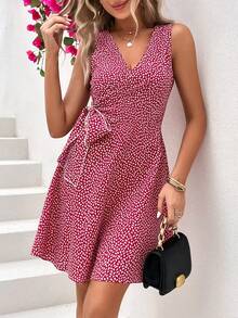 SHEIN Unity Allover Heart Print Knot Side Wrap Dress - Red and White - View 6