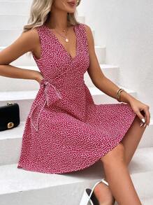 SHEIN Unity Allover Heart Print Knot Side Wrap Dress - Red and White - View 1