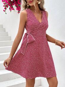 SHEIN Unity Allover Heart Print Knot Side Wrap Dress - Red and White - View 3