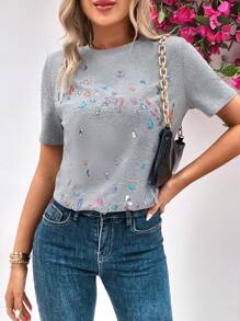 SHEIN LUNE Áo thun nữ Loại bướm Giải trí - Xám - Xem 4