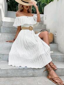 SHEIN VCAY Off Shoulder Split Hem Dress Without Belt - White - View 4