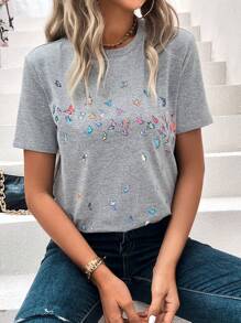 SHEIN LUNE Áo thun nữ Loại bướm Giải trí - Xám - Xem 3