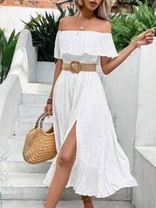 SHEIN VCAY Off Shoulder Split Hem Dress Without Belt - White - View 6
