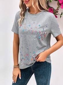 SHEIN LUNE Áo thun nữ Loại bướm Giải trí - Xám - Xem 5
