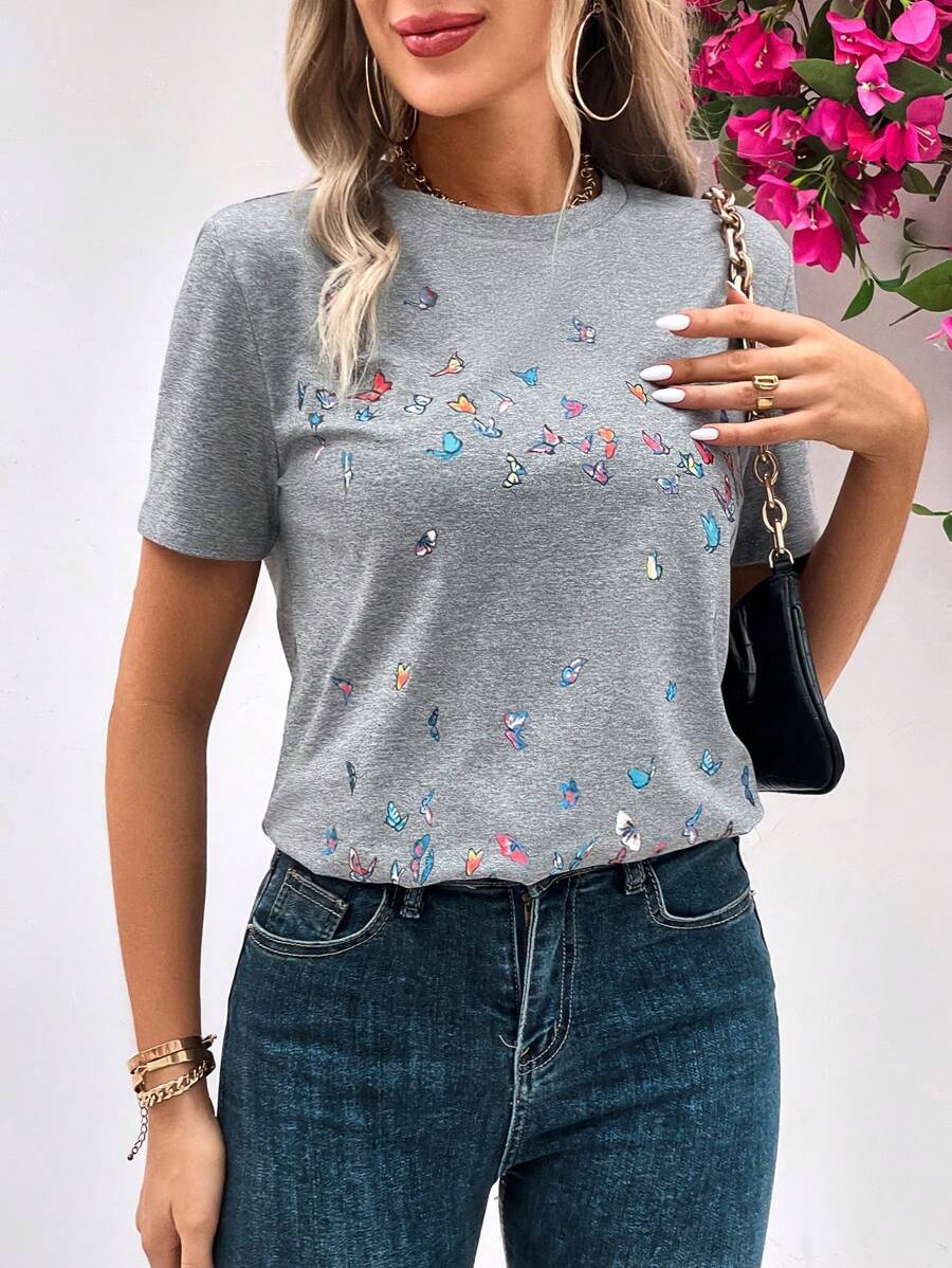 SHEIN LUNE Áo thun nữ Loại bướm Giải trí - Xám - Xem 1