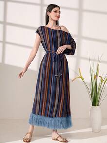 Modelyn Striped Print Asymmetrical Neck Fringe Hem Belted Dress - Multicolor - View 4