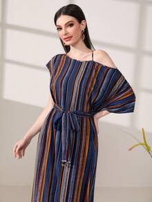 Modelyn Striped Print Asymmetrical Neck Fringe Hem Belted Dress - Multicolor - View 5