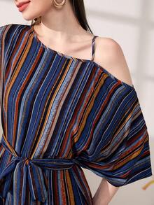 Modelyn Striped Print Asymmetrical Neck Fringe Hem Belted Dress - Multicolor - View 6