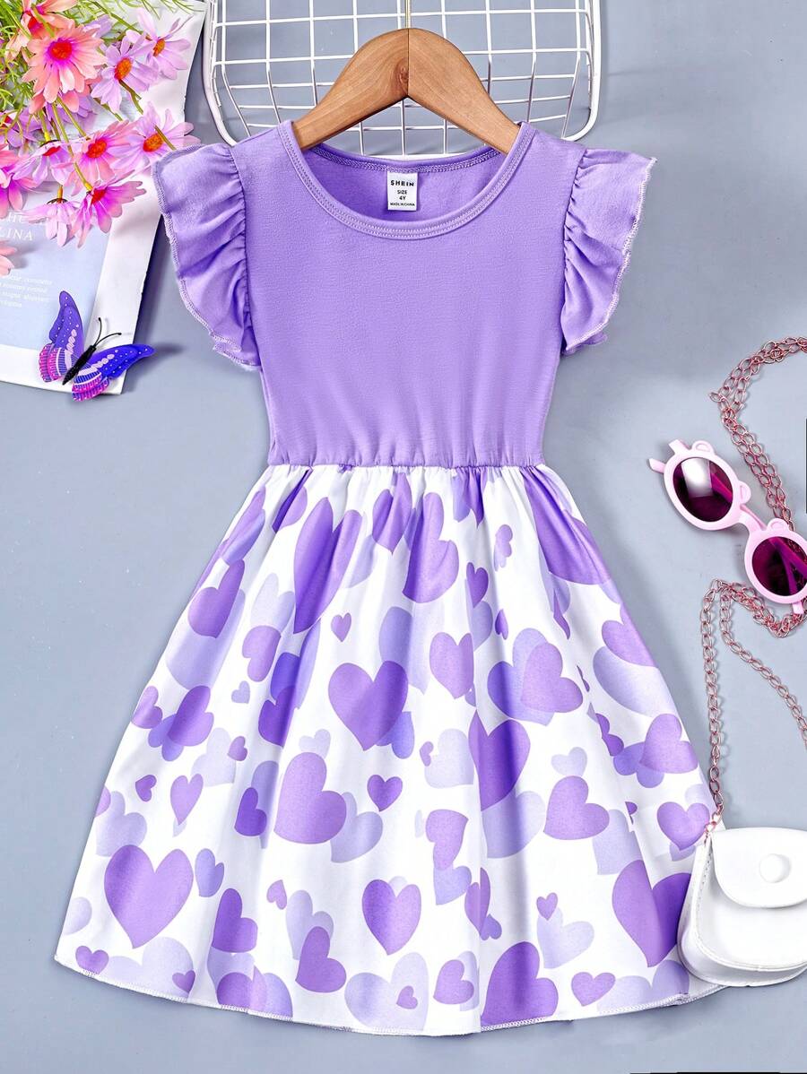 SHEIN Vestido De Volantes Con Estampado De Corazones Para Niñas Jóvenes - Púrpura malva - Ver 1