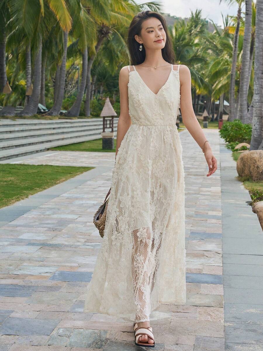 DAZY 素色蕾絲吊帶連衣裙 - 米色 - 查看 1