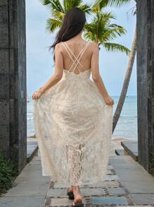 DAZY 素色蕾絲吊帶連衣裙 - 米色 - 查看 2