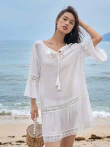 DAZY 蕾絲拼接流蘇繫帶領荷葉袖連衣裙 - 白色 - 查看 3