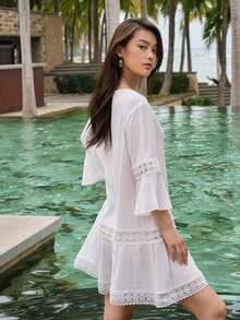 DAZY 蕾絲拼接流蘇繫帶領荷葉袖連衣裙 - 白色 - 查看 6