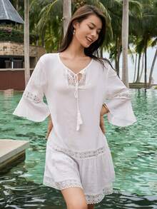 DAZY 蕾絲拼接流蘇繫帶領荷葉袖連衣裙 - 白色 - 查看 7