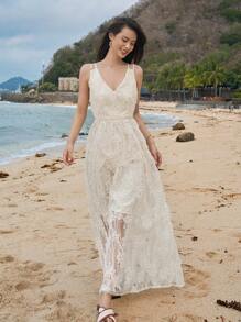 DAZY 素色蕾絲吊帶連衣裙 - 米色 - 查看 7