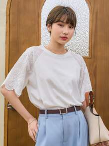 DAZY Áo thun nữ Sò điệp Tranh thêu màu trơn Giải trí - trắng - Xem 1