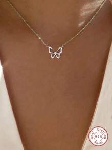 1pc Fashionable Cubic Zirconia Decor Butterfly Charm Silver Necklace For Women For Gift - Silver - View 7
