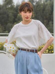 DAZY Áo thun nữ Sò điệp Tranh thêu màu trơn Giải trí - trắng - Xem 6