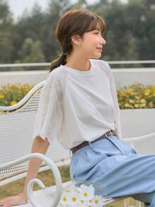 DAZY Áo thun nữ Sò điệp Tranh thêu màu trơn Giải trí - trắng - Xem 8