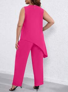 SHEIN LUNE Plus Asymmetrical Hem Tank Top & Trousers - Hot Pink - View 2