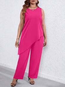 SHEIN LUNE Plus Asymmetrical Hem Tank Top & Trousers - Hot Pink - View 4