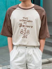 DAZY 男士棉標語圖案拼接插肩袖T恤 - 杏色 - 查看 6