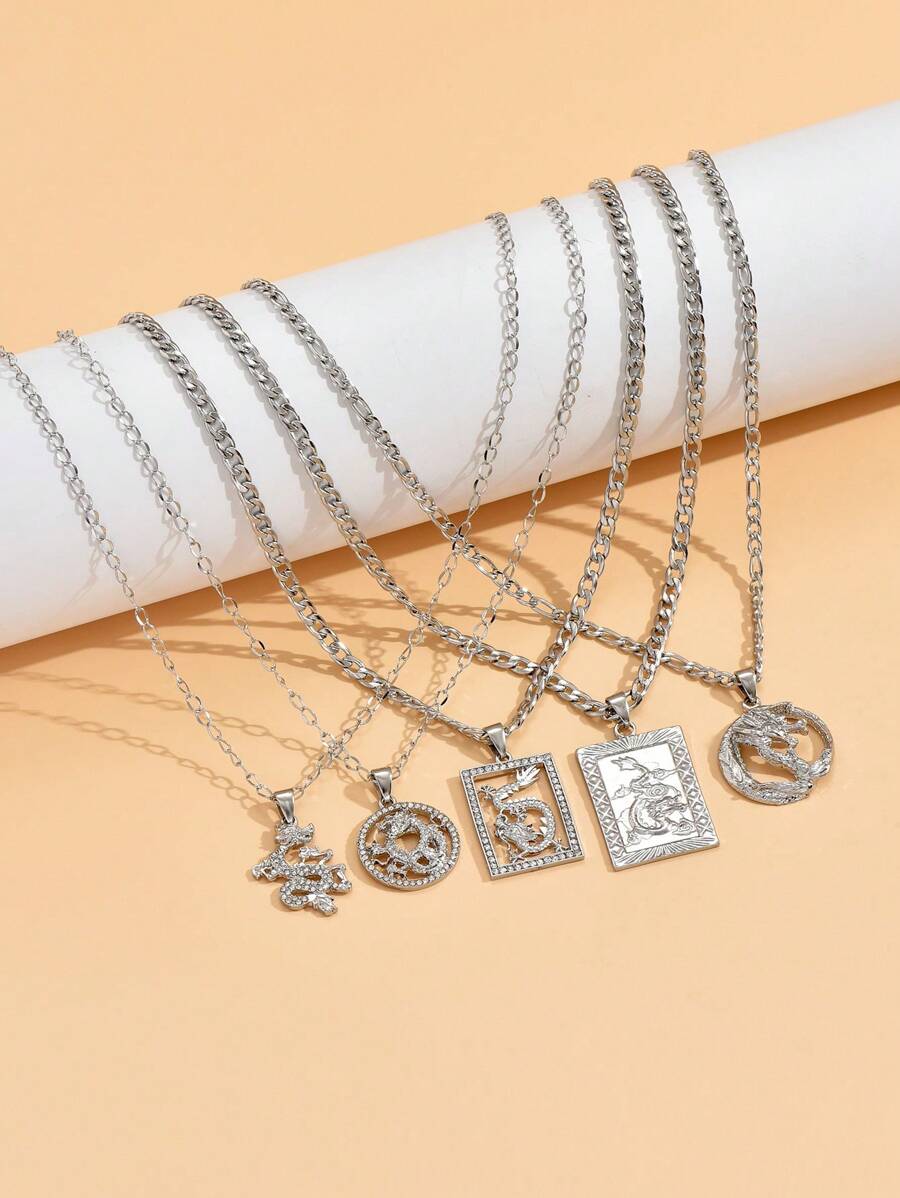 S0149 5pcs/set Chinese Dragon Charm Necklace, Stainless Steel Jewelry - Silver - View 1